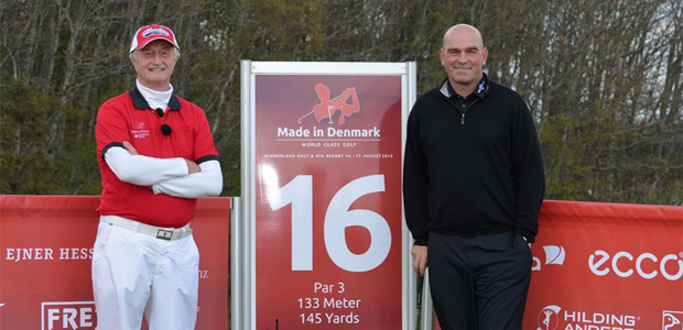 Lars Larsen fra JYSK og golfspiller Thomas Bjørn ved Made In Denmark-pressemødet i Gatten 14. maj 2013. Foto: Made In Denmark